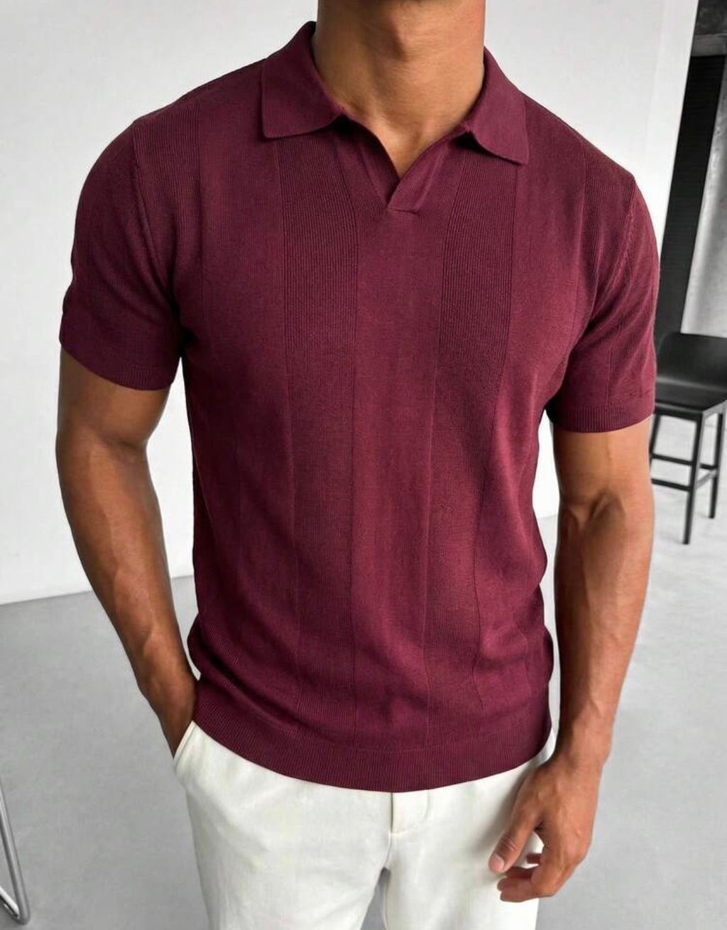 Men's Ribbed Knit Polo – Slim Fit Turndown Collar